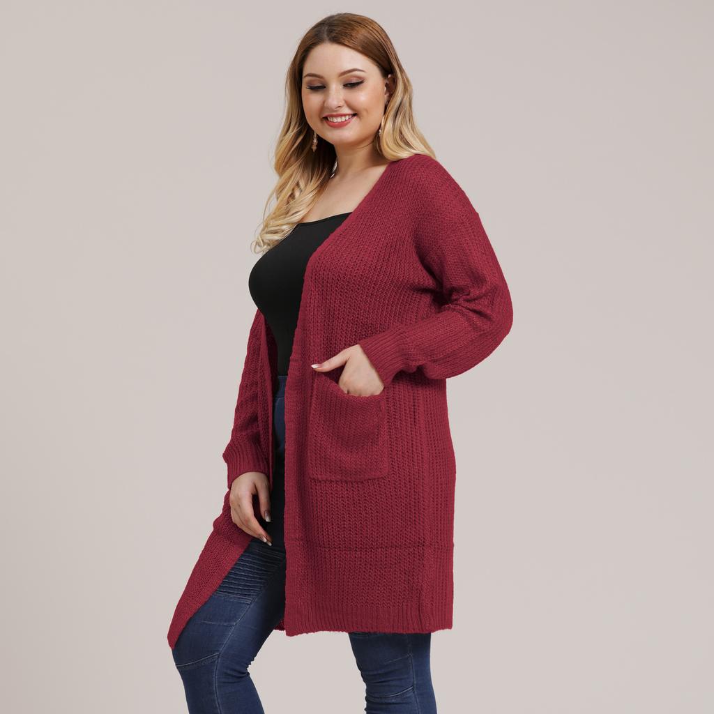 Autumn and Winter Large Size Women's Pocket Knitted Cardigan Mid-Length Sweater