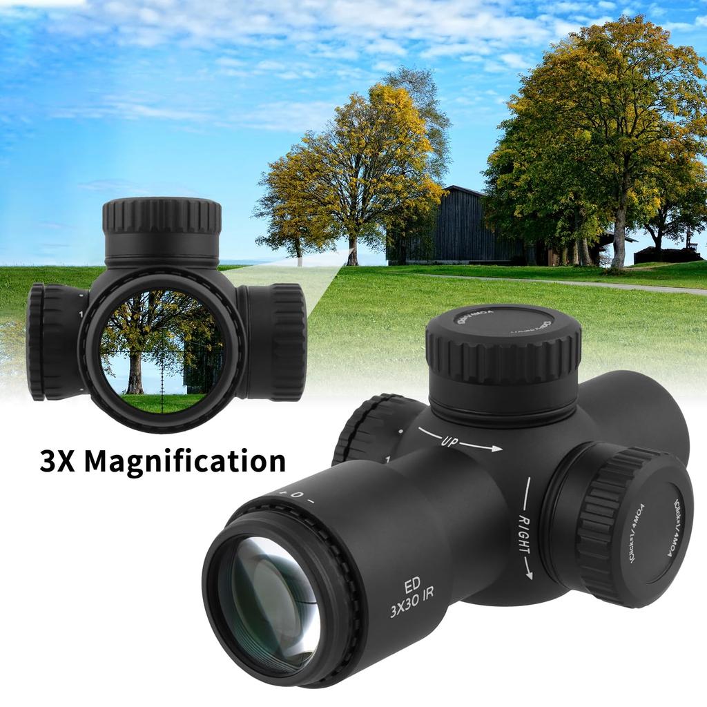 FOCUHUNTER 3x30 Prism 1200G IP67 Red Green 12cm Compact Short Tactical Sight for and Airsoft Riflescope, Shockproof, Waterproof, 6-Level Half-Mildot,