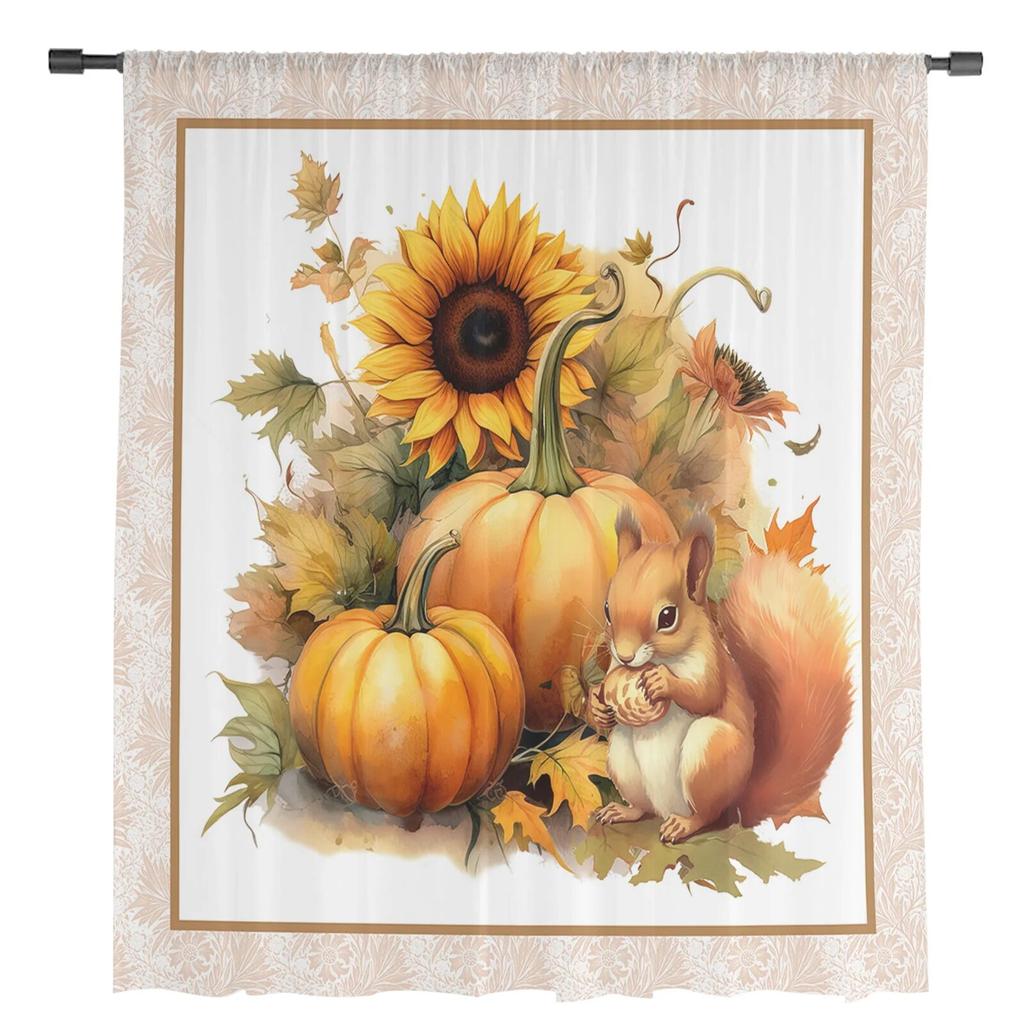 Autumn Pumpkin Squirrel Sunflower Sheer Curtains For Living Room Bedroom Tulle Curtain For Kitchen Voile Curtain Blind Panels