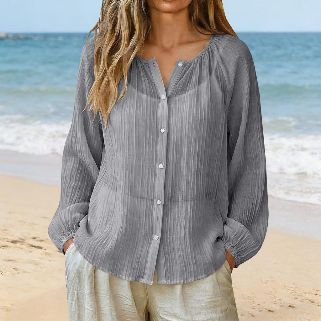 Womens Long Sleeve Button Down Blouse Lightweight Crinkled Fabric Casual Loose Fit Shirt with V Neck Design for Daily Wear