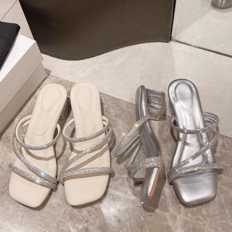Slippers New Style Shoes One-strap Shoes Flip-flops Square Toe Thick-heeled High Heels