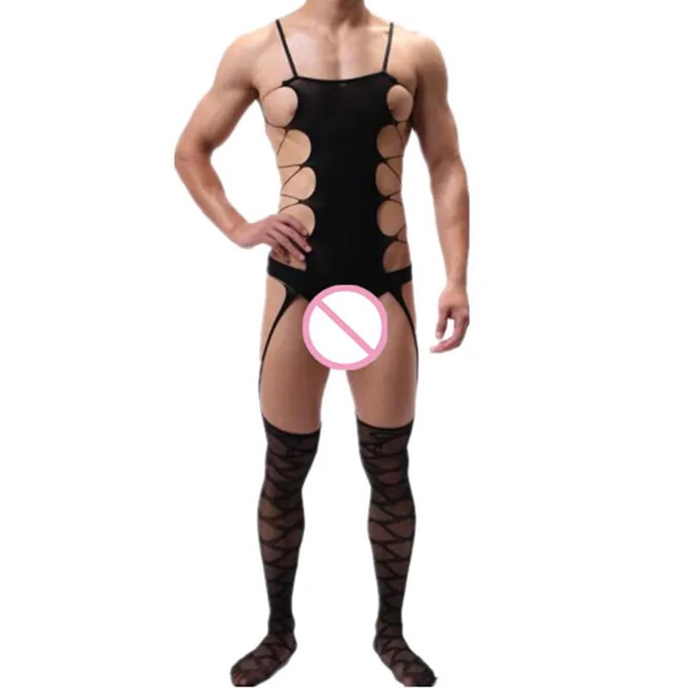 Husband Night Club Wear Male Nightwear Sissy Gay Fishnet Bodysuit O Neck One-piece Jumpsuit Male Porn Underwear Fashion Lingerie