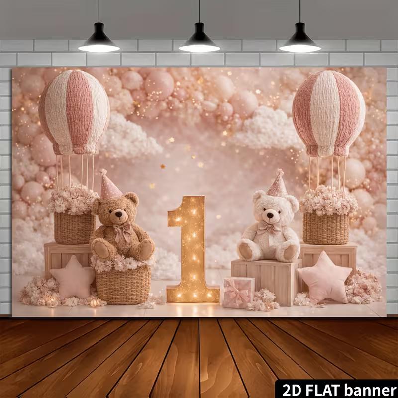 2D Pink Bear & Hot Air Balloon Backdrop, 1st Birthday Photography Background for Baby Shower