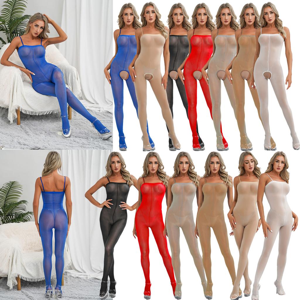 Womens Sleeveless Full Body Elastic Bodysuits Silky See Through Rompers Glossy Sexy Jumpsuits