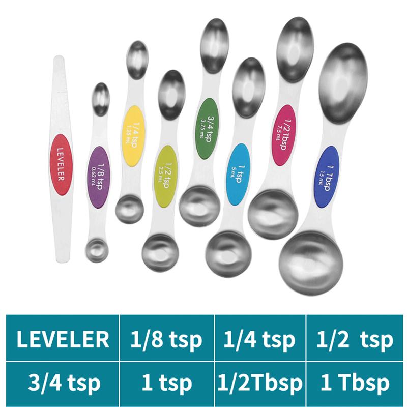 Pack of 8 Dual-Sided Magnetic Measuring Spoons Set with Leveler Stackable Teaspoon and Tablespoon Set for Spice Jar Liquid