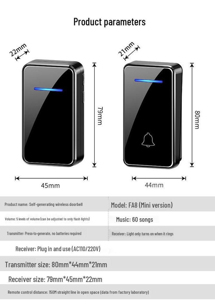 Wireless Self-Powered Long-Range Entry Doorbell for Elderly, Multi-Volume, No Battery Needed