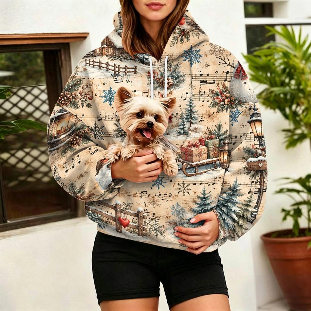 Women's Fashion Christmas Print Pullover Hoodie with Large Pet Pocket for Casual Wear