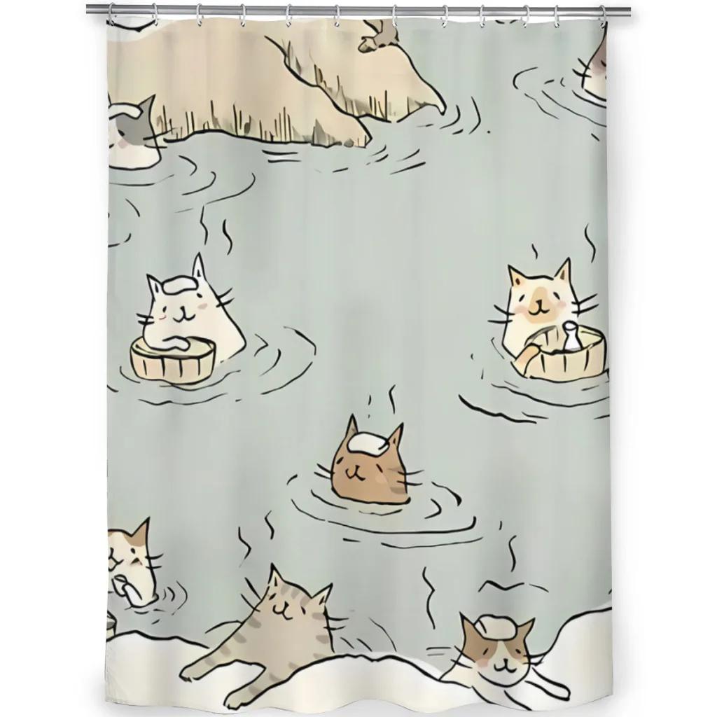 Cat Onsen Bathroom Shower Curtains Waterproof Partition Creative Home Decor Bathroom Accessories W90XH180cm