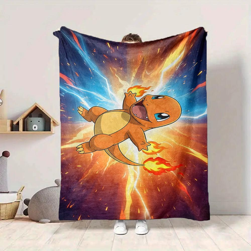 1Pc Charmander'S Fiery Leap Flannel Blanket, Soft And Comfortable, Casual Warm, Camping Travel, Christmas, Halloween Xmas Gift S1654