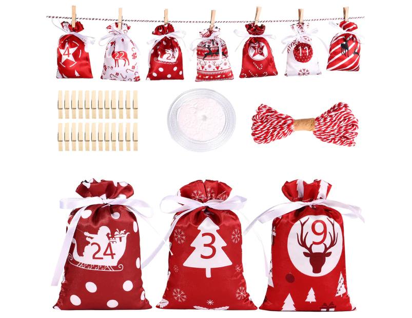 1 Set Christmas Advent Calendar Bag Exquisite Christmas Style Festive Countdown Hanging Drawstring Christmas Gift Bag Set for Christmas-Red
