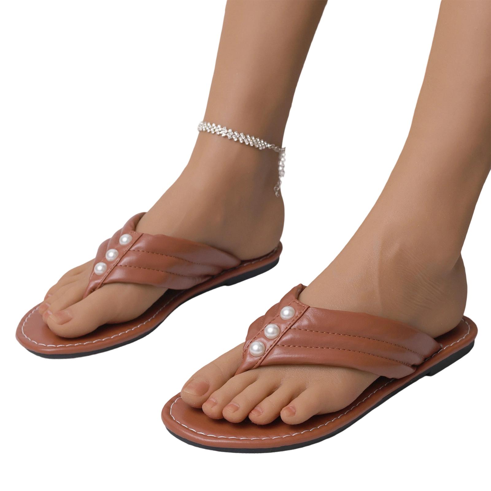 

Ladies pearl decorated flip flops with exposed toes and soft bottom, versatile beach slippers 37 коричневий