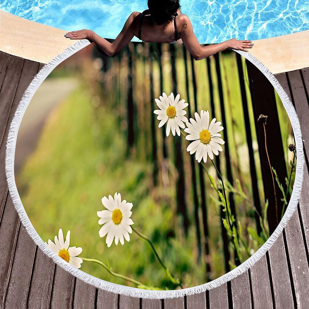 Floral Daisy Round Beach Towel,Microfiber Beach Blanket Sand Free Quick Dry Swim Pool Bath Circle Towel with Tassel for Teen Men