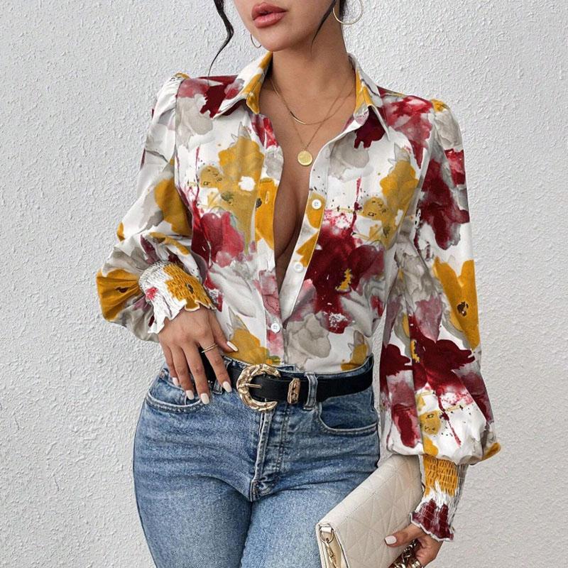 Ladies Spring Summer Lantern Sleeve Flower Printed All Match Shirt Top