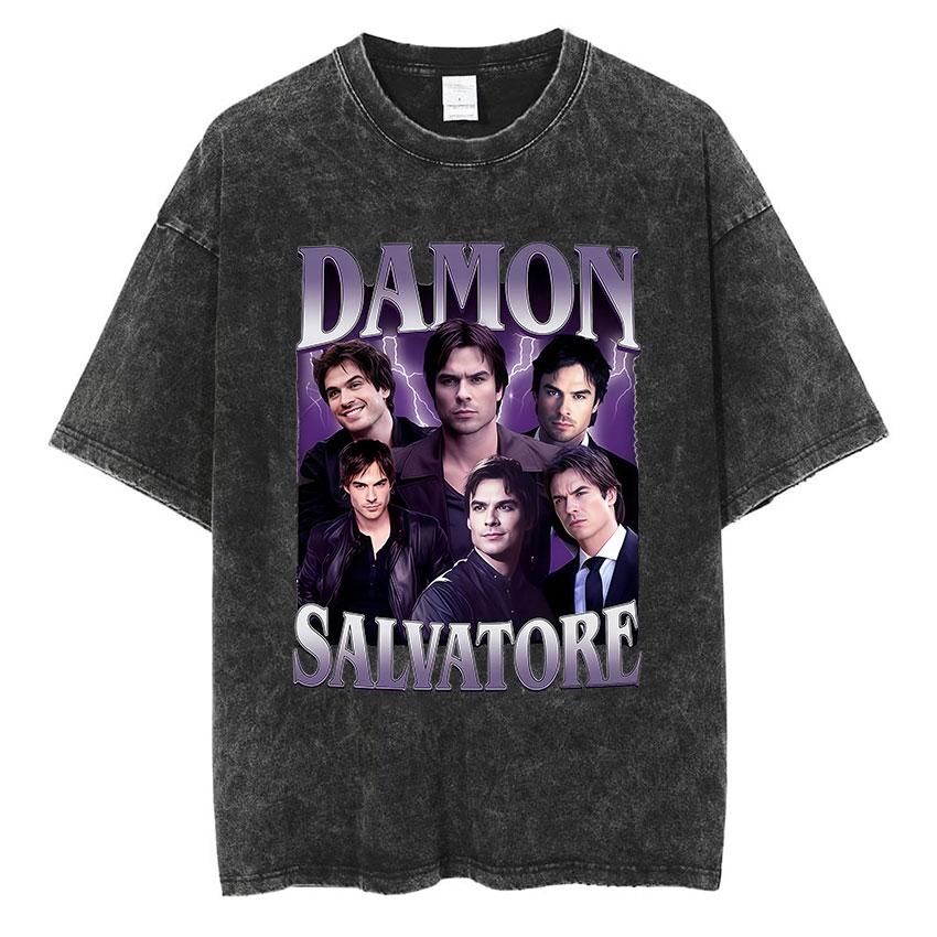 Damon Salvatore Grafica Vintage Lavata Maglietta Uomo Donna Abbigliamento Moda Harajuku T-Shirt Larga Oversize Manica Corta Magliette