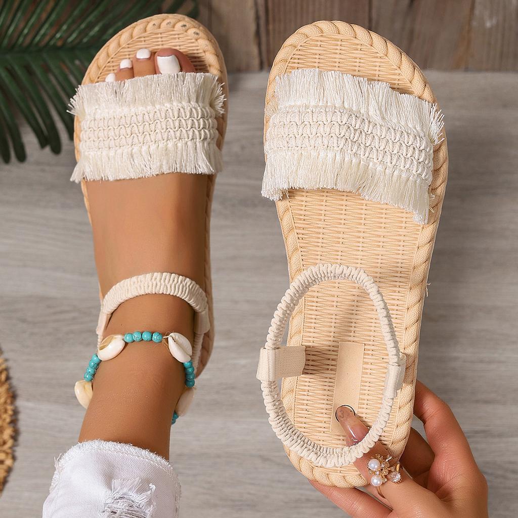 Fashion Summertime Sandal Woman Wear It Outside Flat Bottom Weave Sand Beach Sandals Women's Tassel Shoelaces Are Non Slip Shoes