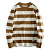 Heavy 280G Double Yarn! European and American Retro Washed Pure Cotton Stripe Long sleeve Loose round Neck Casual Bottoming Shirt Hoodie