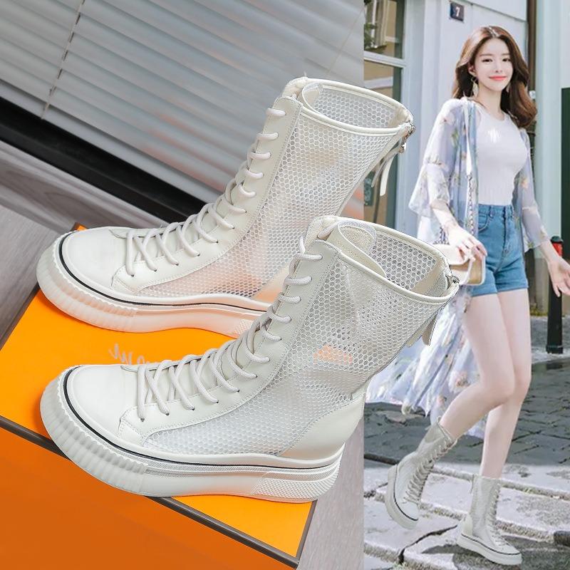 Leather summer thin net boots women's new fashionable versatile thick bottom inner height increase women's hollow cool boots