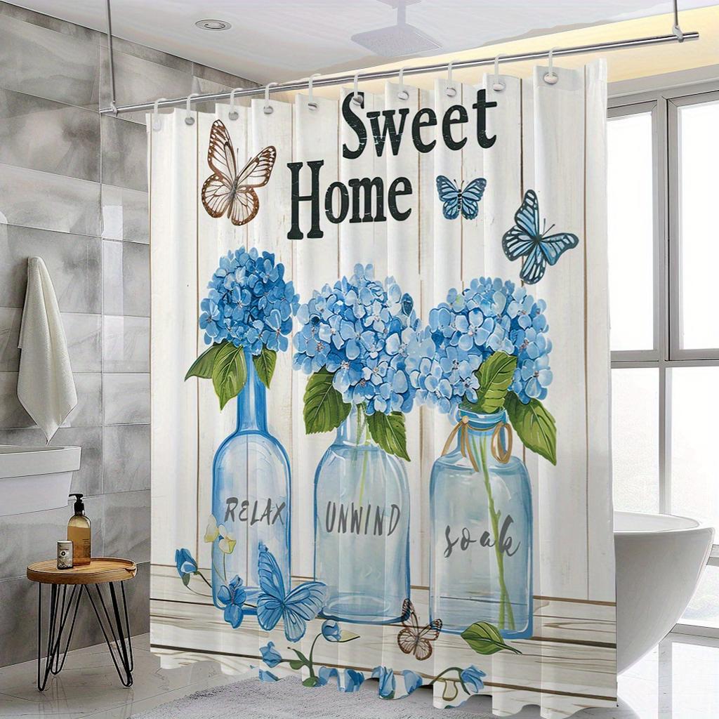 1pc Sweet Home Floral Shower Curtain - Blue Hydrangea & Butterfly, Polyester, 71x71", 12 Hooks, Moisture-Repellent, Easy-Clean