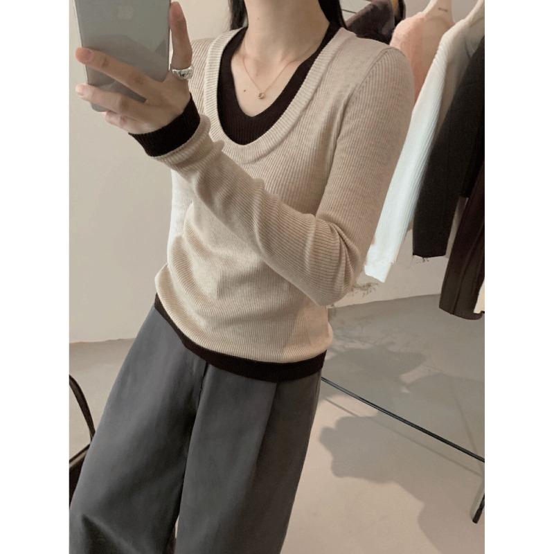 Trendy Retro Fake Two-piece Knitted Sweater Women's Autumn and Winter Collar Sexy Contrasting Color Inner Bottoming Shirt Top