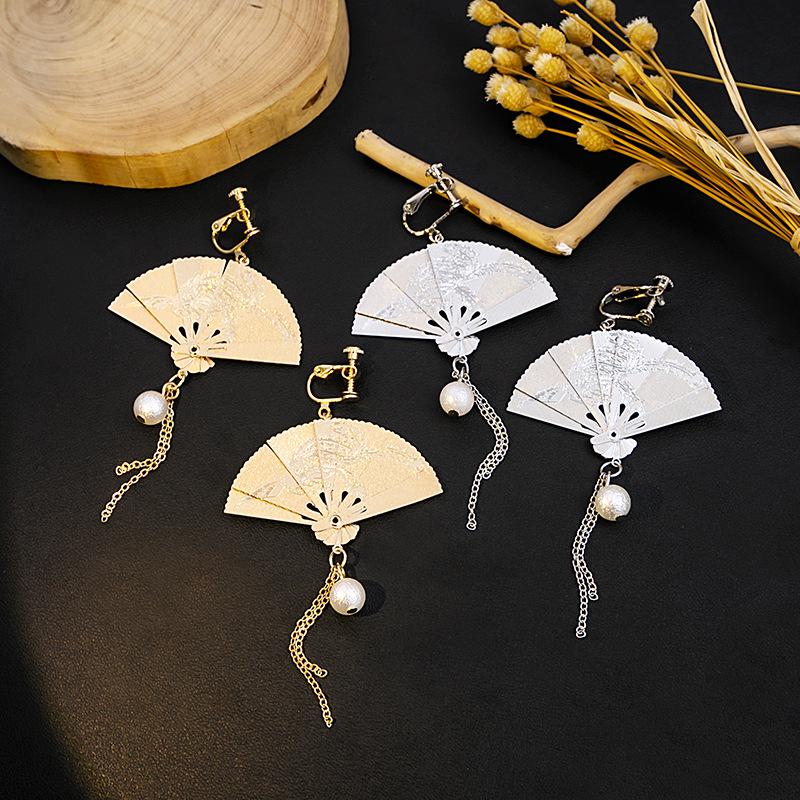 Chinese Carved Folding Fan Pearl Earrings with Tassel, Retro Hanfu Style, No-Piercing Ear Clips