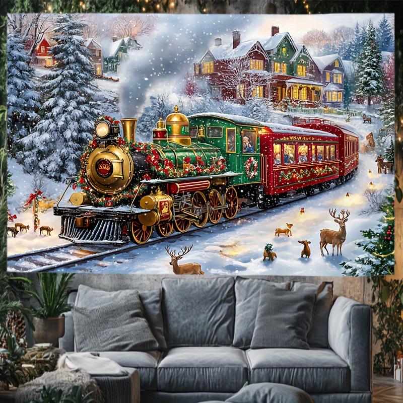 Glam Christmas Tapestry with Polar Express Train Snow Scene - Polyester Wall Hanging with Santa, Reindeer & Festive Decor, Squar