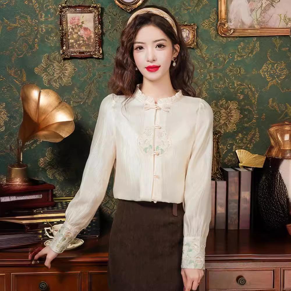 Women's Spring Retro Embroidered Chiffon Blouse with Frog Buttons and Stand Collar in Apricot