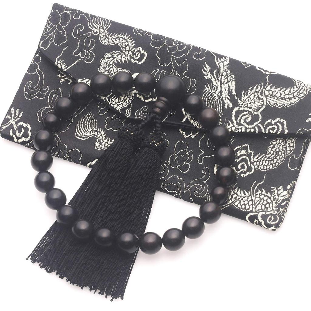 LEOBEE Plating Prayer Beads in Matte Striped Ebony with Black Tie, Funeral Set, Magnetic Prayer Bead Bag, Formal Wear