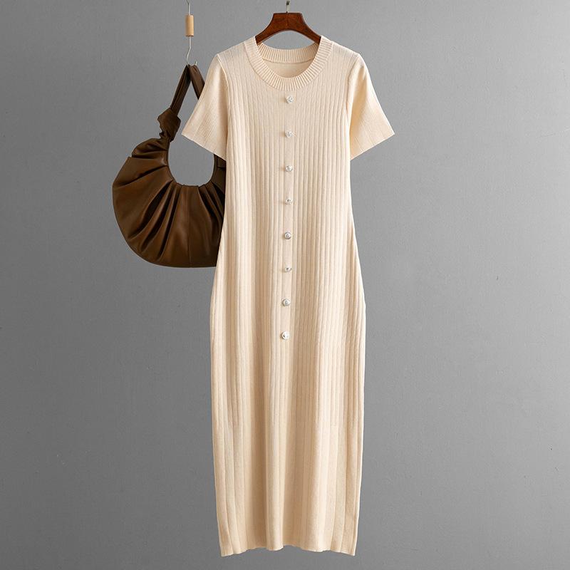 Fashionable Single Breasted Round Neck Knitted Long Dress Summer Hip Hugging And Slimming Knitted Dress