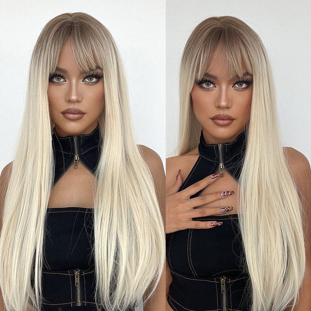 EASIHAIR Hnědé syntetické paruky s ofinou Dlouhé rovné paruky z přírodních vlasů pro ženy Denní cosplay paruka Žáruvzdorné vlákno