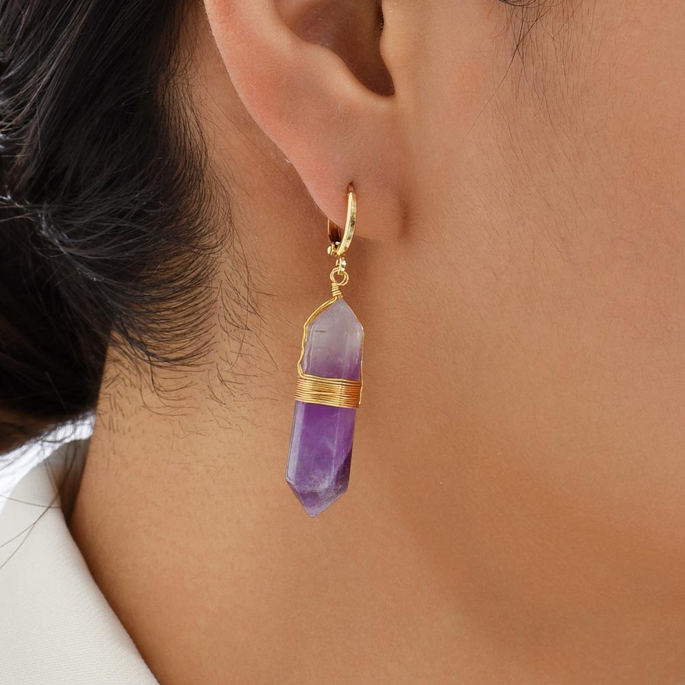 Fashion Handmade Wire Wrapped Purple Natural Stone Hexagonal Bullet Drop Earrings for Women Polygon Statement Earring