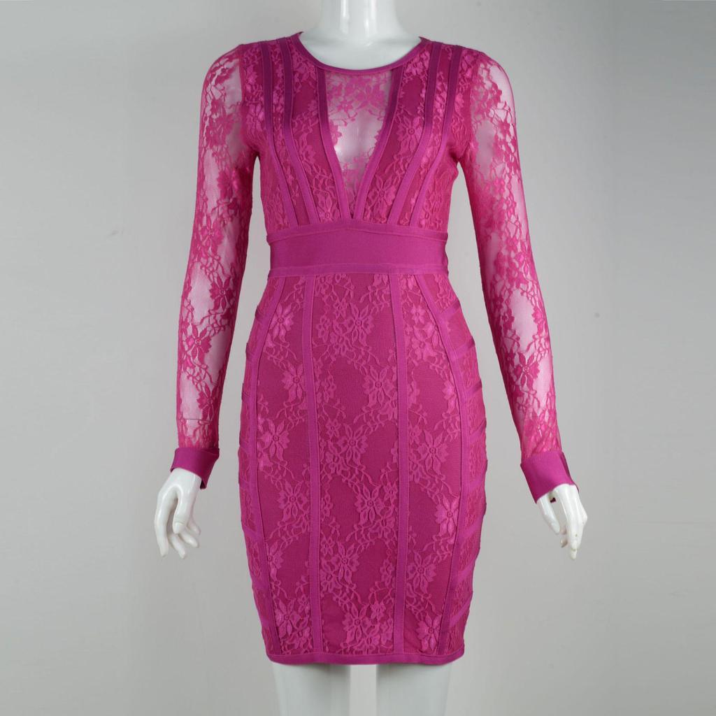 Elegant Rose Red Mesh Lace Bodycon Dress