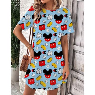 Vestido de Verão Feminino Disney Mickey Mouse Primavera Gola Redonda Manga Curta Cintura Solta Vestido com Babado