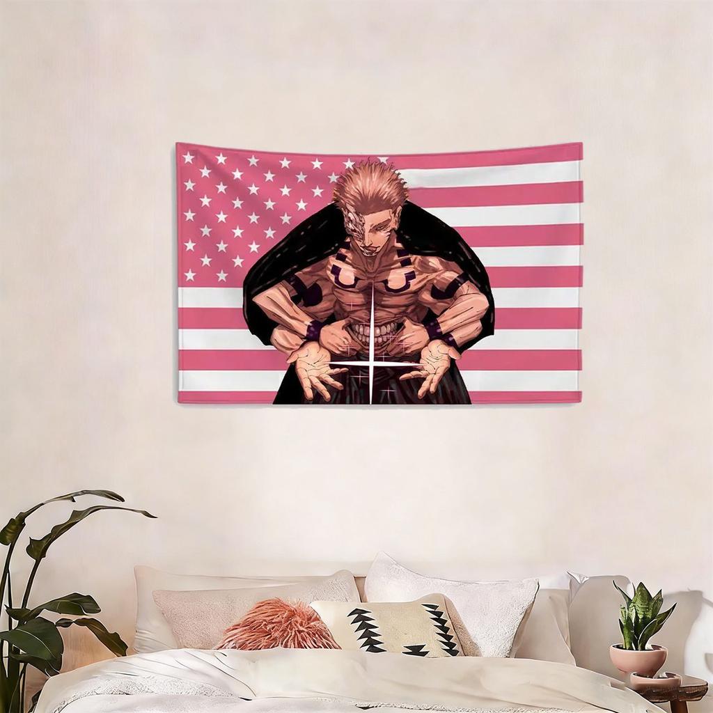 Jujutsu Kaisen Ryomen Sukuna Anime Tapestry USA Flag Style Wall Hanging Printed Wall Art for Bedroom Garage Outdoor Home Decor