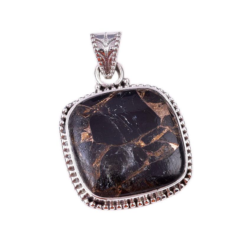 Natural Black Copper Turquoise 925 Solid Sterling Silver Gift Pendant 1.25" H5C82