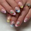 24Pcs Short Round Almond Press On Nails, Nude with Multicolor French Tips & Fruit Pattern Fake Nails for Summer