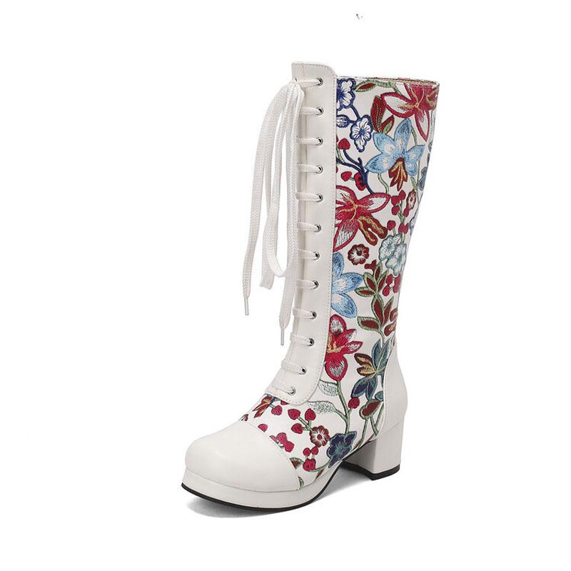 Women Boots Winter Lace-up Round Toe Knee High Boots Square High Heels Fashion Floral Embroidery High Top Women's Boots WSH5012