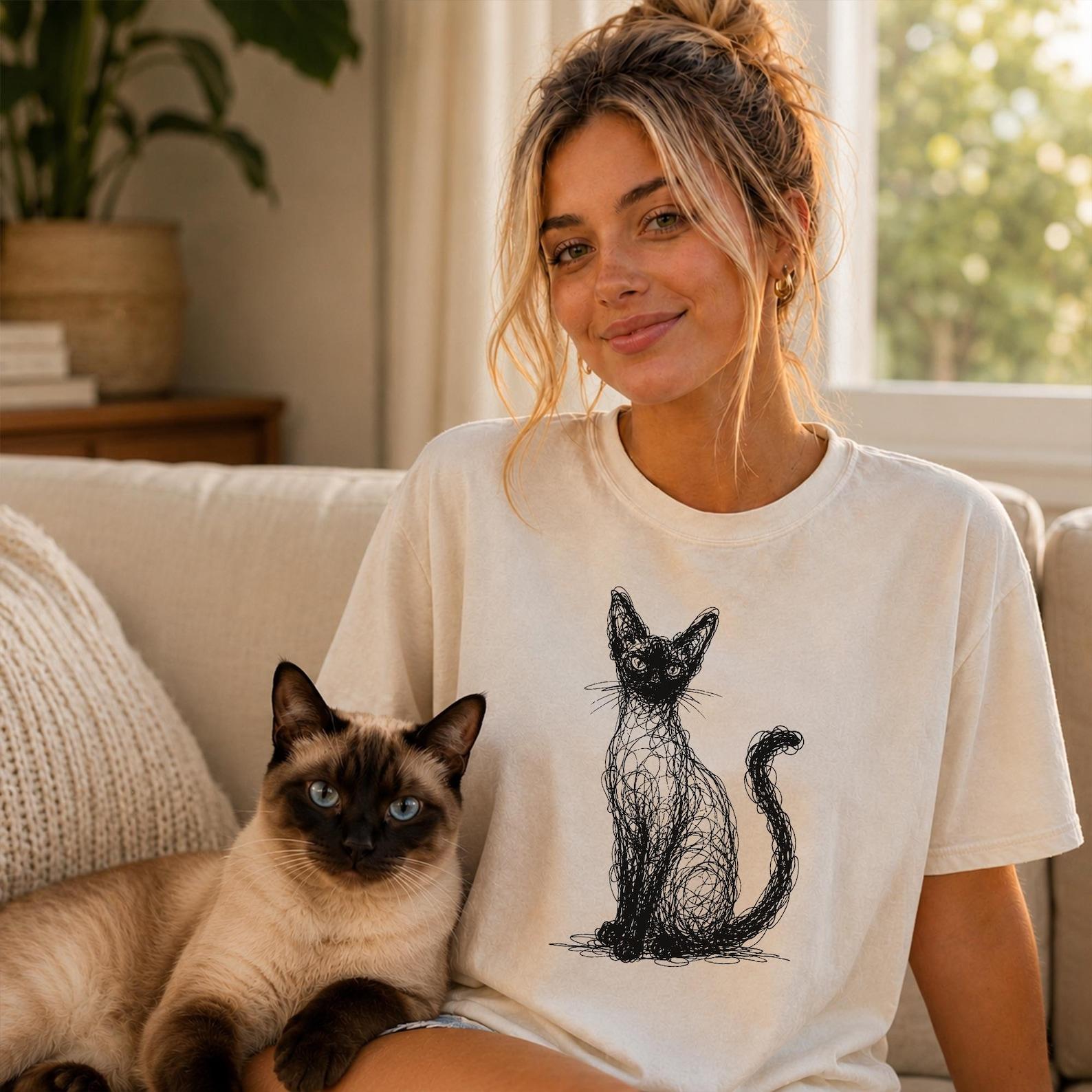 Siamese Cat Line Art Shirt, Minimalist Scribble Siamese Sketch Tee, Abstract Cat T-Shirt, Siamese Cat Mom Gift, Artsy Cat Tee M