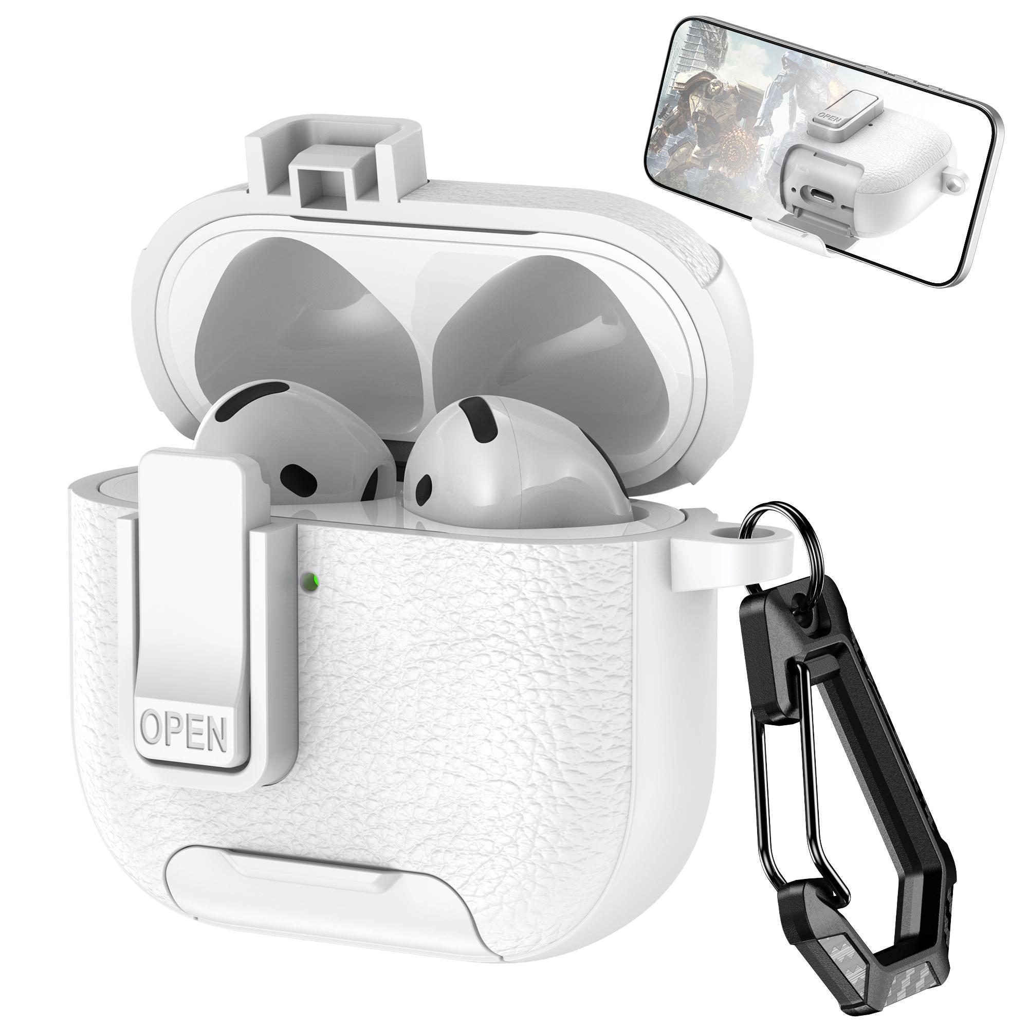 

For AirPods 4 Protective Case with Stand Litchi Texture Leather TPU + PC Earphone Cover with Lock Buckle and Carabiner White