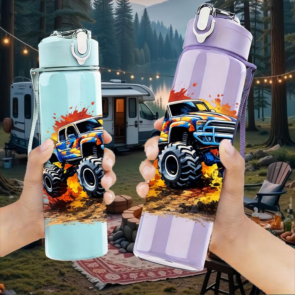 1PC Mud Splash Monster Truck Print 750ml Color Plastic Sports Water Bottle Leakproof Flip Straw Lid Suitable for Sports Office Home Use