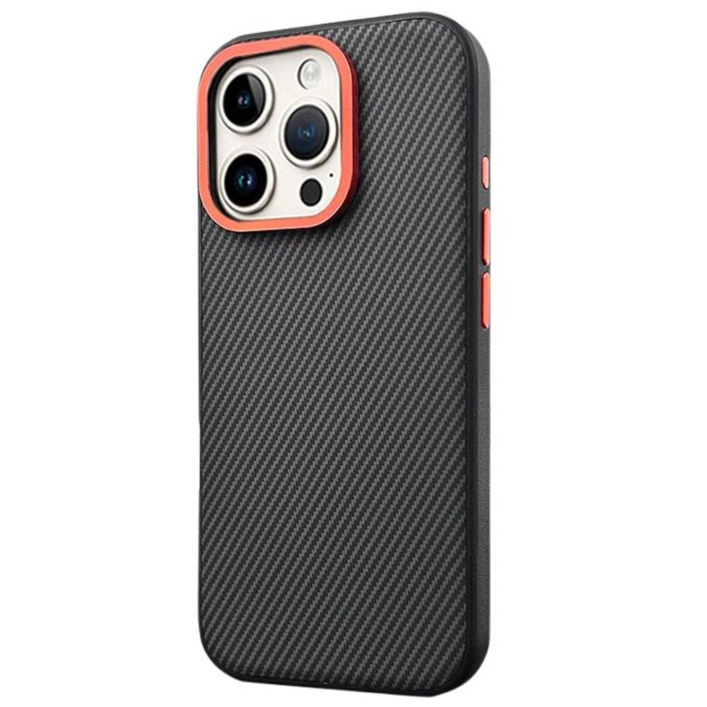 

Чехол для iPhone 16 Pro Max с текстурой углеродного волокна PU+PC+TPU Чехол для телефона с металлическим ободком для объектива Black