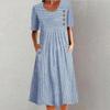 Fashion New Cotton and Linen Striped Loose Version Short-sleeved Crew Neck Dress