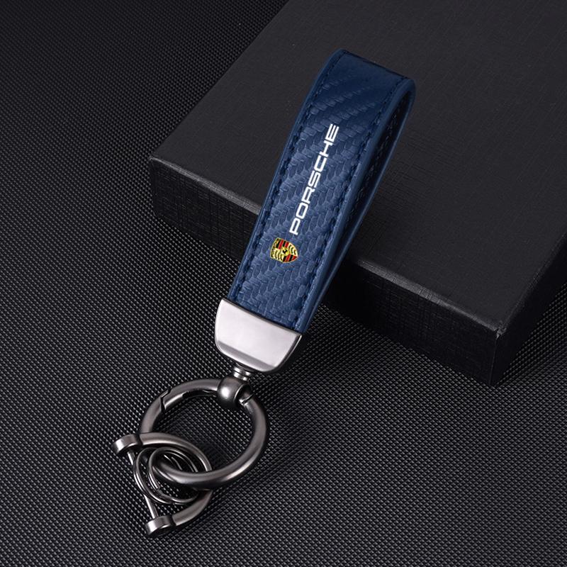 Car Carbon fiber Leather Keychain 3D Emblem Key Ring For Porsche Panamera Cayenne Taycan 911 718 Macan Carrera-GT 928 944 968