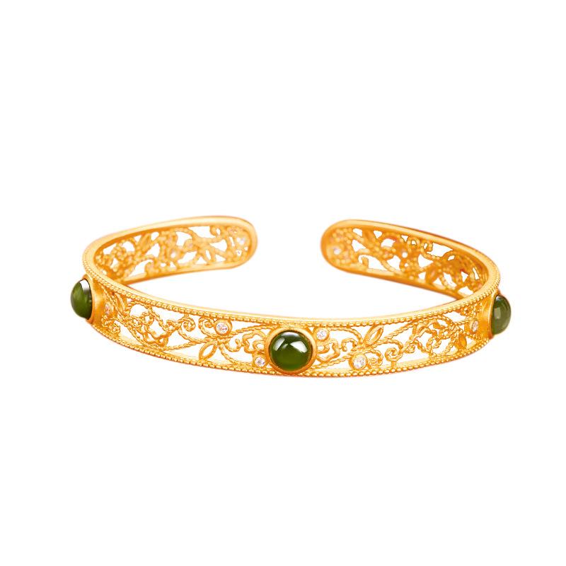 

Браслет из стерлингового серебра 925 пробы, модный женский браслет, инкрустированный яшмой Хотан, полый дизайн, ювелирные изделия, взрыв 925 silver золотой