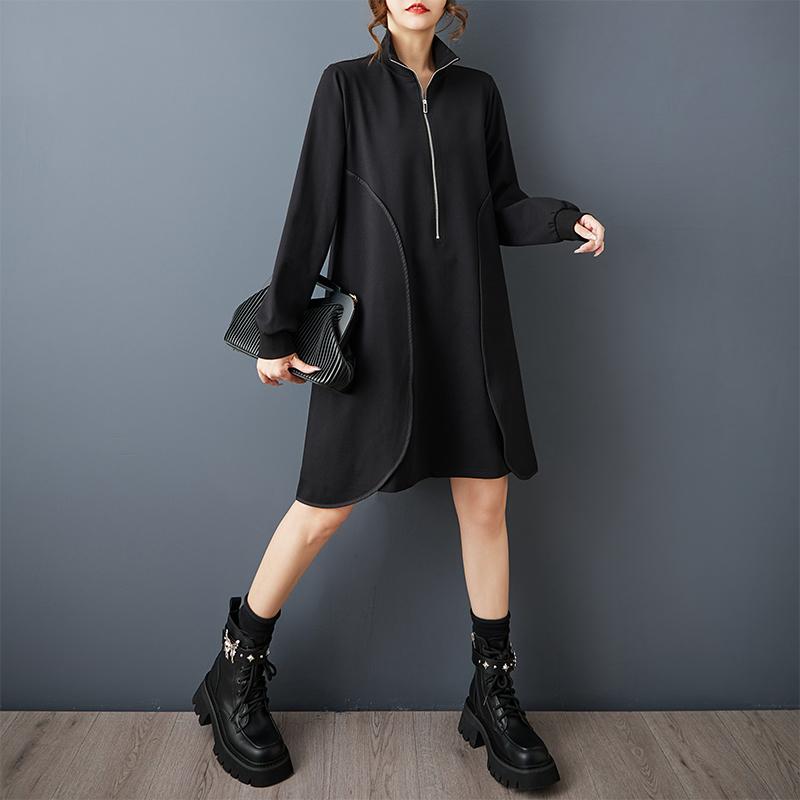 DIMANAF 2025 Women Plus Size Autumn Shirt Dress Loose Casual Oversize Long Sleeve Vintage Dress Black Zipper