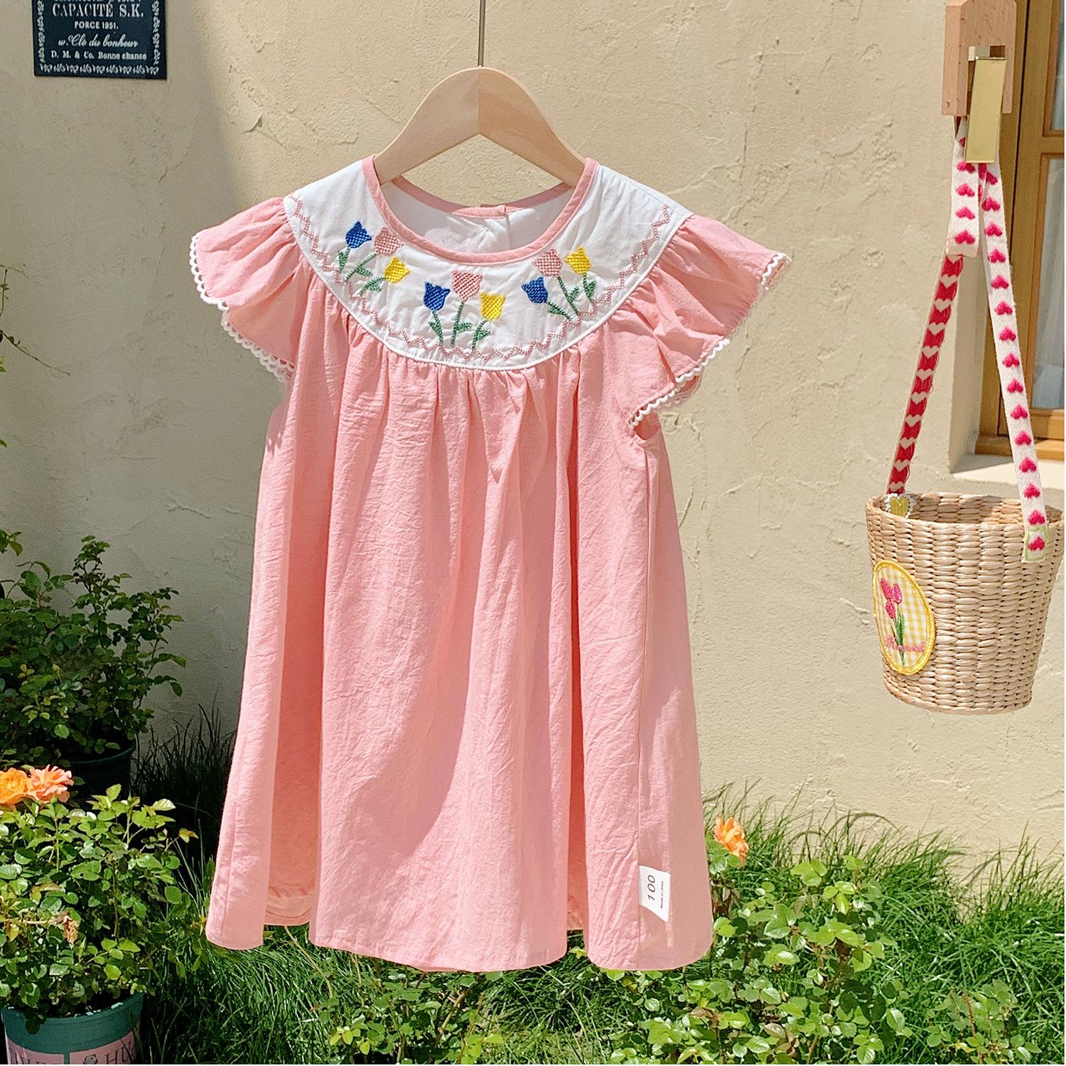 Sweet Girls Summer Dress With Tulip Embroidery Cute Flutter Sleeve Baby Girl Dress For Kids Casual Party Wear 140cm розовый