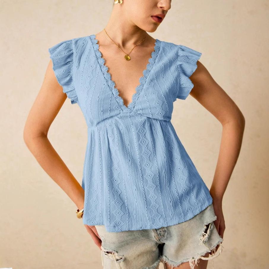 Spring and Summer Fashion Hollow-out V-neck Top with Ruffle Lace Short-sleeved Women’s T-shirts