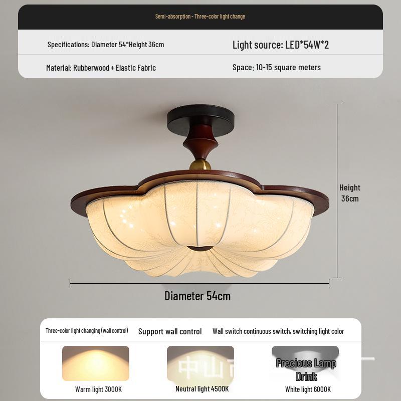 Chinese Song Dynasty Chandelier: Retro Fabric & Walnut Wood Zen Ceiling Light