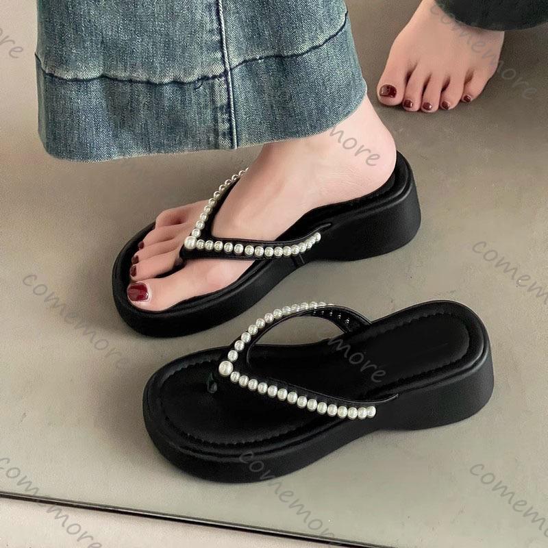 Comemore Summer Leisure New Pearl Slippers Outside Wear Thick Bottom Beach Girls Flip-flops Wedges High Heeled Slides for Women