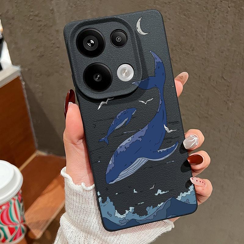 For Xiaomi 13T Pro Poco X7 X6 Redmi Note 14 13 12 11 Case Shell Whale Pattern TPU Leather Texture Matte Soft Shockproof Lens Protection Phone Cover