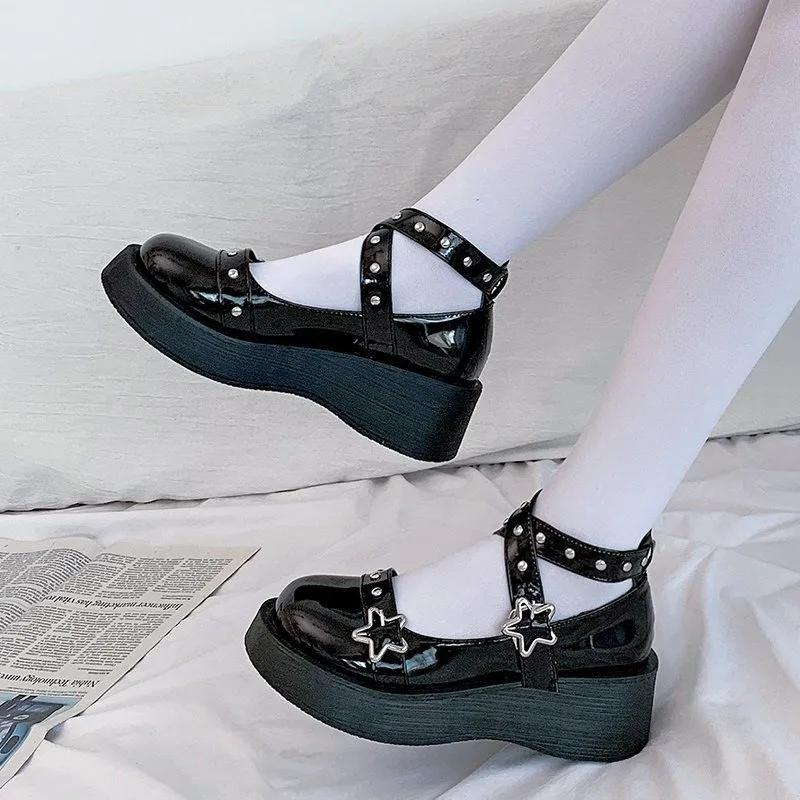 Shoes Lolita Shoes Women Heels Platform Mary Janes Star Buckle Strap Mary Janes Women Cross-tied Girls Rivet Casual Kawaii Shoes